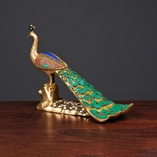 Brassaura® Brass Rajasthani Peacock with Stone Inlay | Height 9.5 Inches