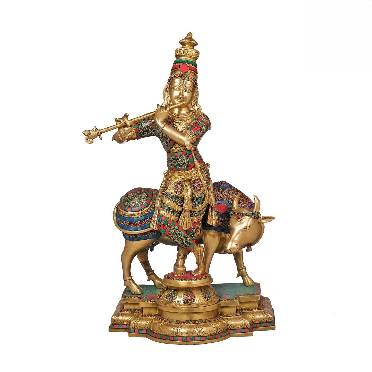 Brassaura® Brass Krishna Playing Flute with Cow Statue | Height 26 Inches