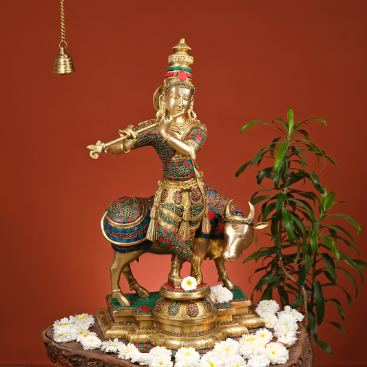 Brassaura® Brass Krishna Playing Flute with Cow Statue | Height 26 Inches