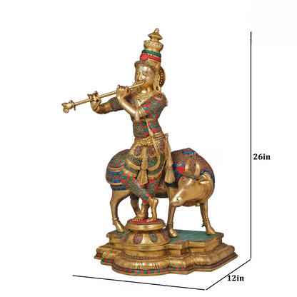 Brassaura® Brass Krishna Playing Flute with Cow Statue | Height 26 Inches