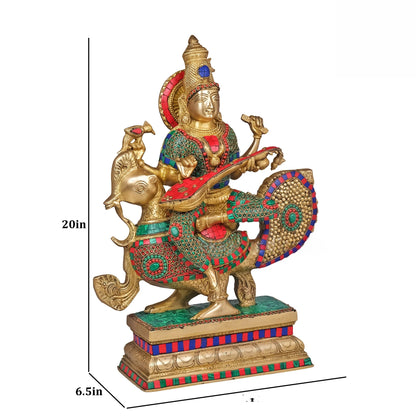 Brassaura® Brass Goddess Saraswati Playing Veena Statue | Height 20 Inches