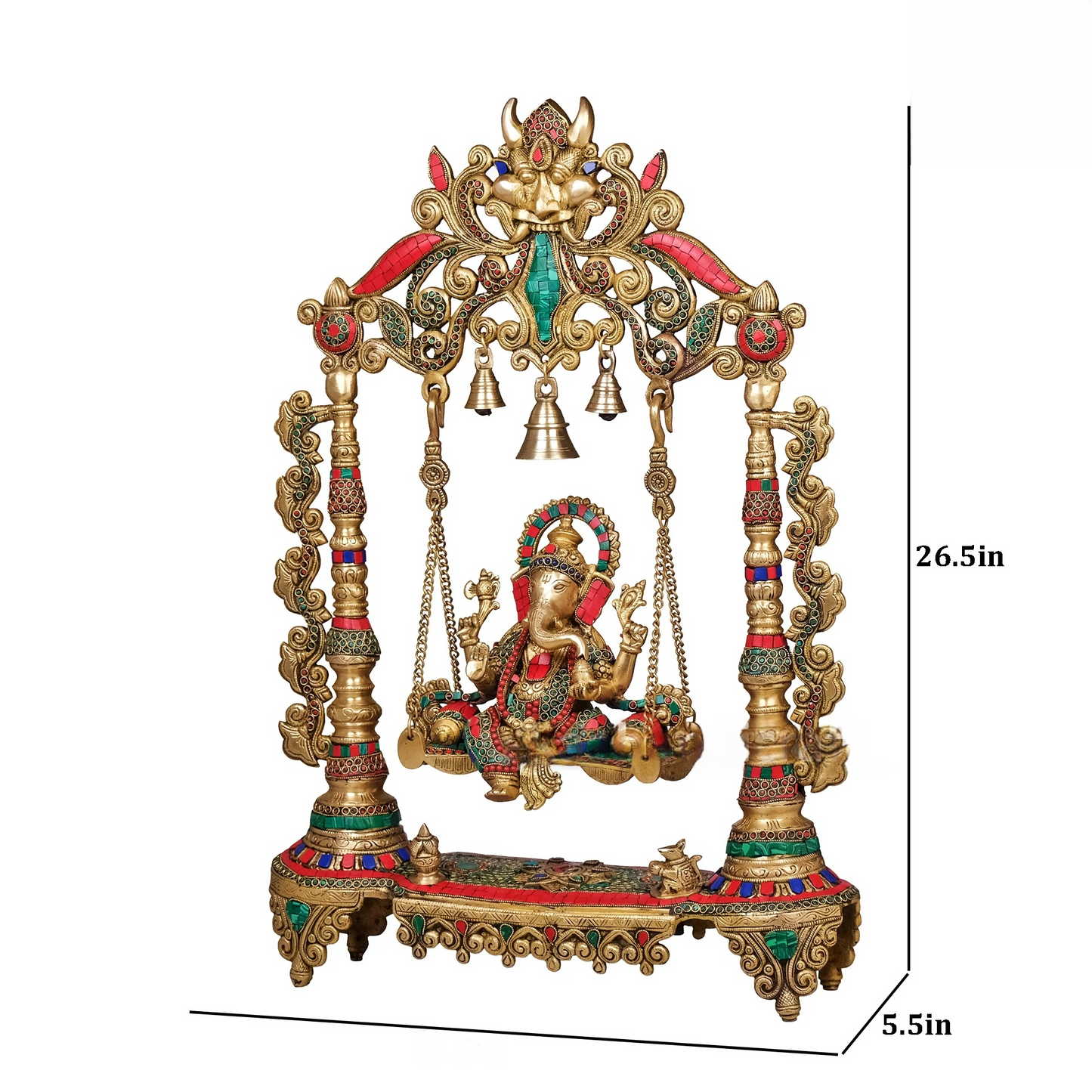 Brassaura® Brass Ganesha Statue on Swing with Stonework | Height 26.5 Inches