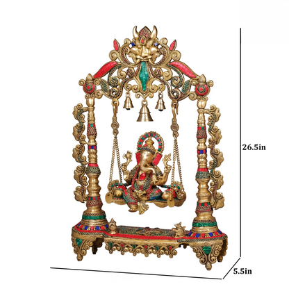 Brassaura® Brass Ganesha Statue on Swing with Stonework | Height 26.5 Inches