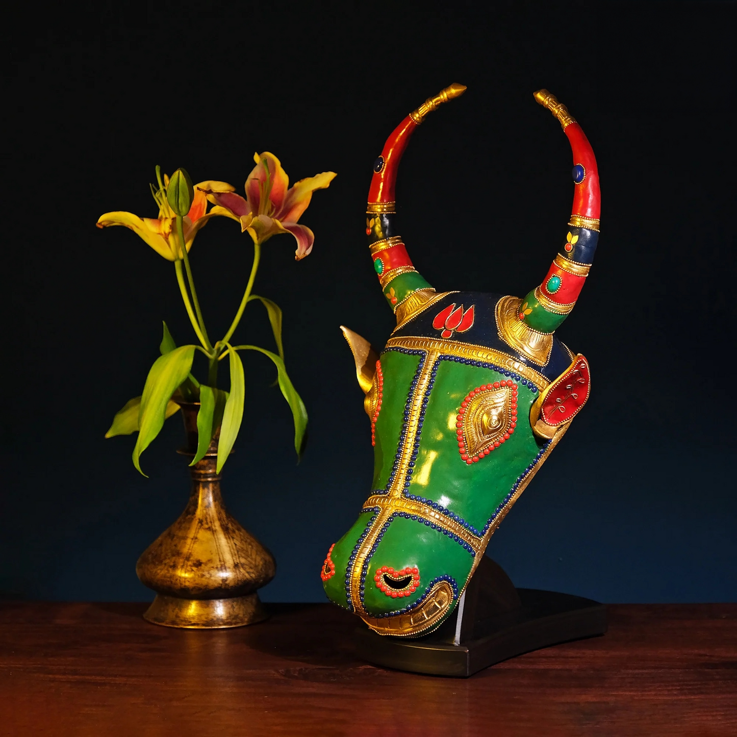 Brassaura® Brass Nandi Wall Mask with Stone Inlay Work | Height 18 Inches