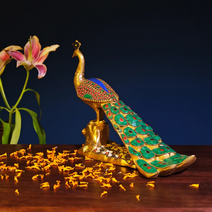 Brassaura® Brass Rajasthani Peacock with Stone Inlay | Height 9.5 Inches