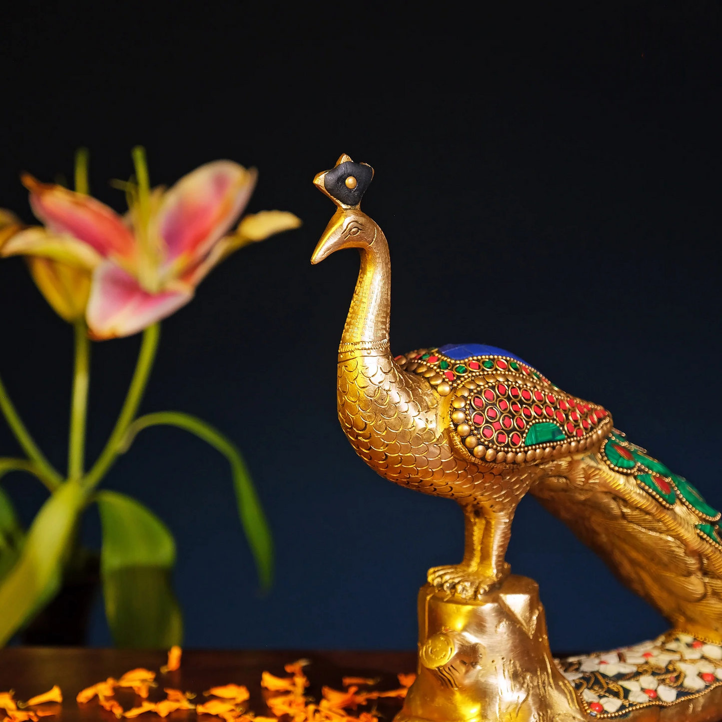 Brassaura® Brass Rajasthani Peacock with Stone Inlay | Height 9.5 Inches