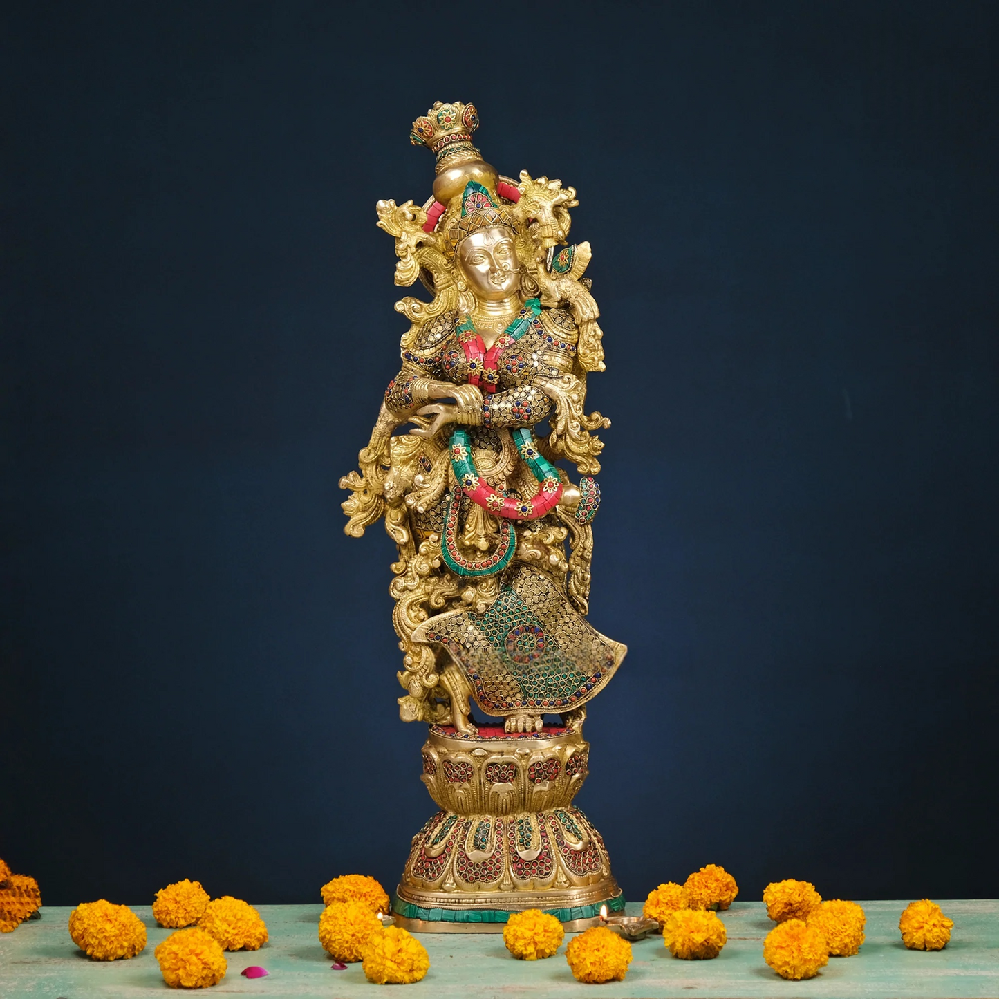 Brassaura® Brass Radha & Krishna Statue with Mosaic Stonework | Height 30 Inches