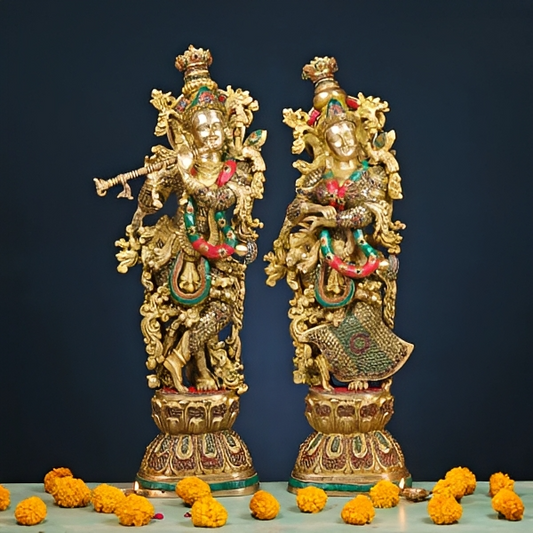 Brassaura® Brass Radha & Krishna Statue with Mosaic Stonework | Height 30 Inches