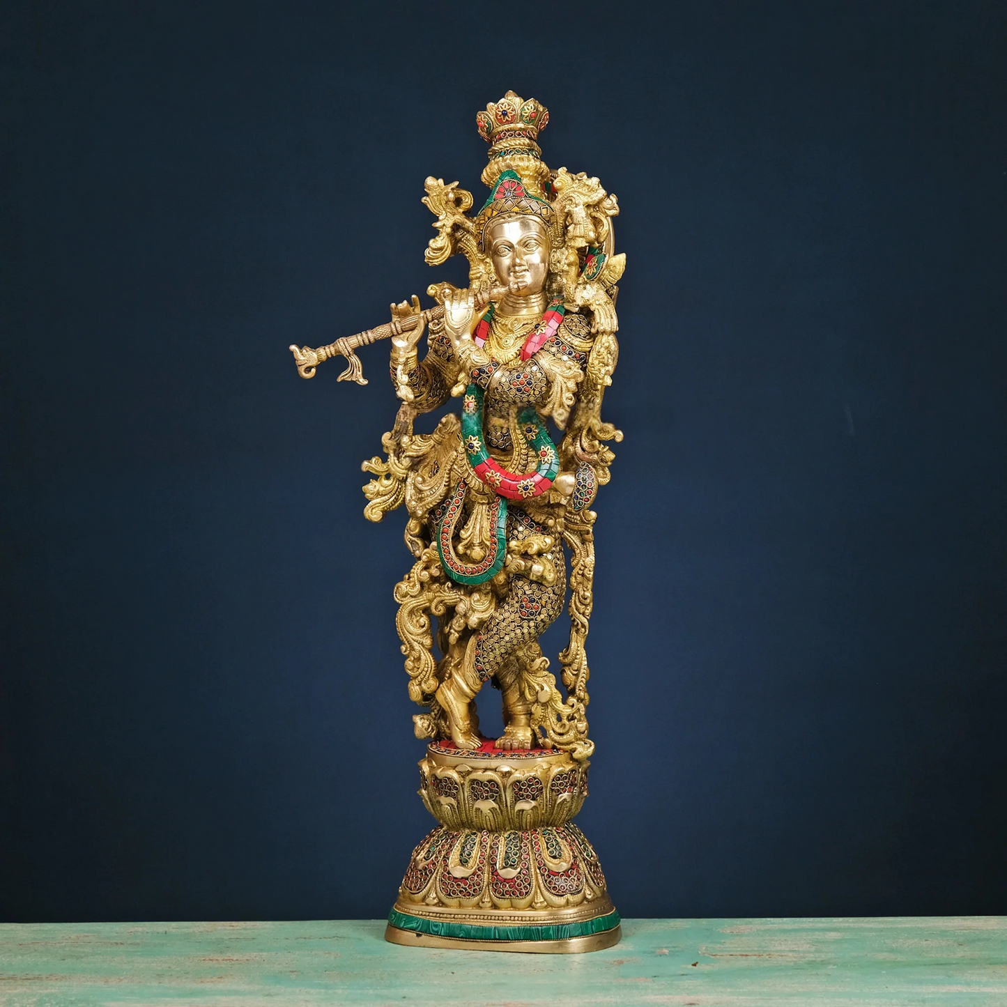 Brassaura® Brass Radha & Krishna Statue with Mosaic Stonework | Height 30 Inches