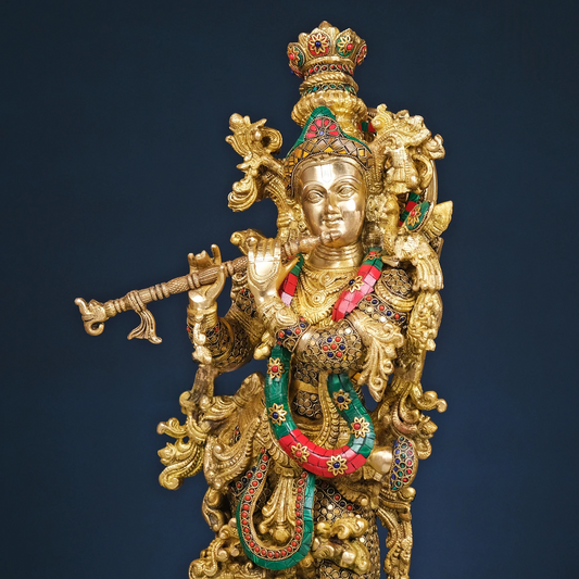 Brassaura® Brass Radha & Krishna Statue with Mosaic Stonework | Height 30 Inches