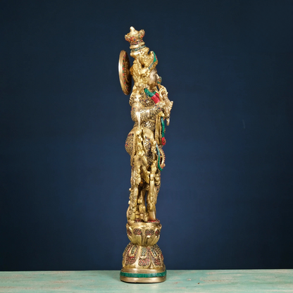 Brassaura® Brass Radha & Krishna Statue with Mosaic Stonework | Height 30 Inches