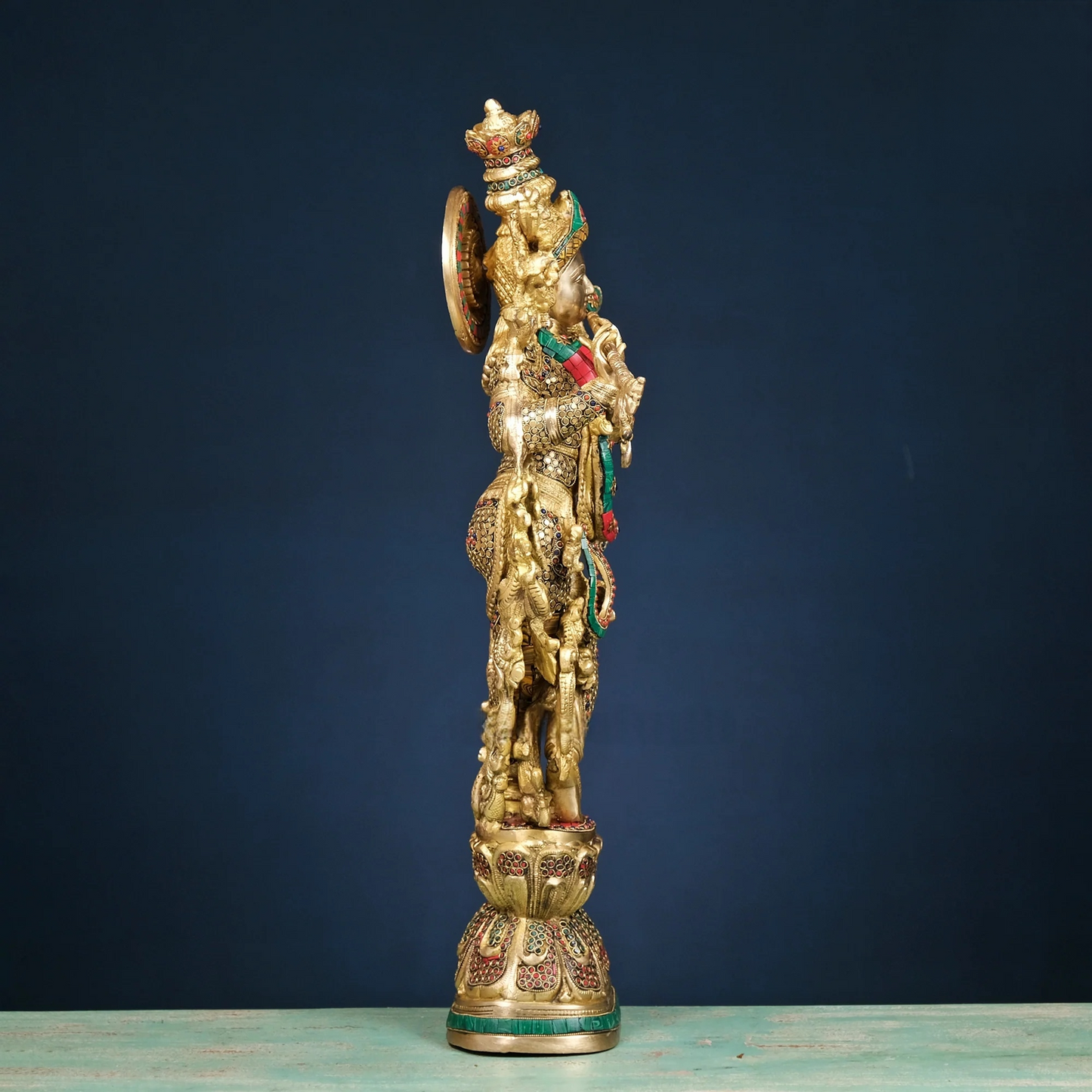 Brassaura® Brass Radha & Krishna Statue with Mosaic Stonework | Height 30 Inches