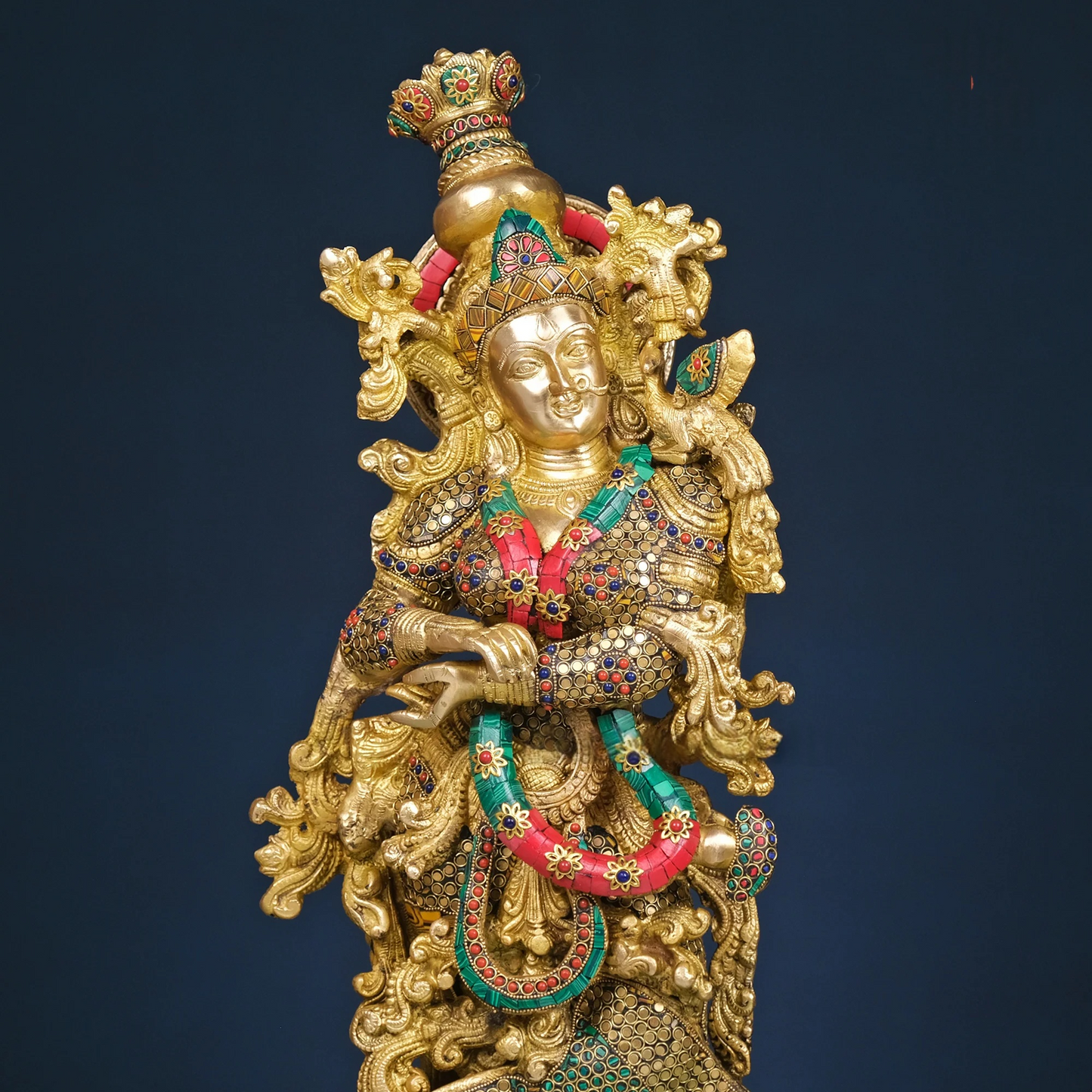 Brassaura® Brass Radha & Krishna Statue with Mosaic Stonework | Height 30 Inches