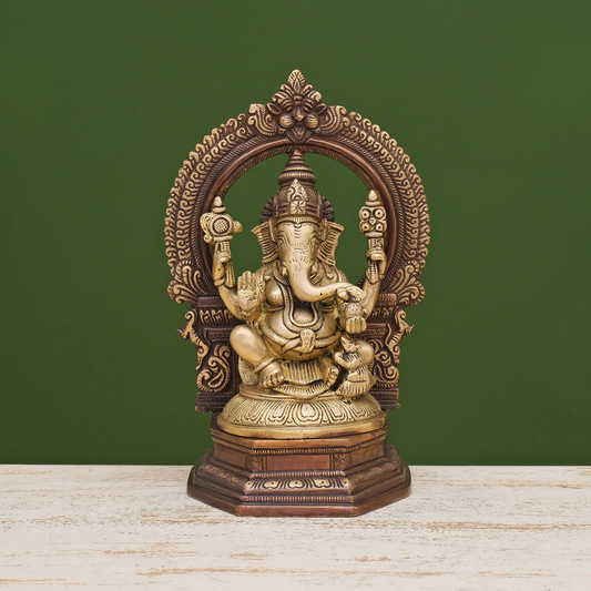 Brassaura® Antique Two-Tone Ganesha Lakshmi Saraswati Idol Set with Ornamental Frames | Pure Superfine Brass Handcrafted Murti | Brass Statue for Home Temple, Pooja Room | Height 10 Inches | Weight 9.5 Kgs