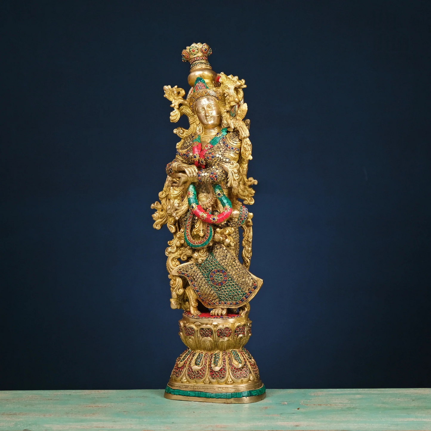 Brassaura® Brass Radha & Krishna Statue with Mosaic Stonework | Height 30 Inches