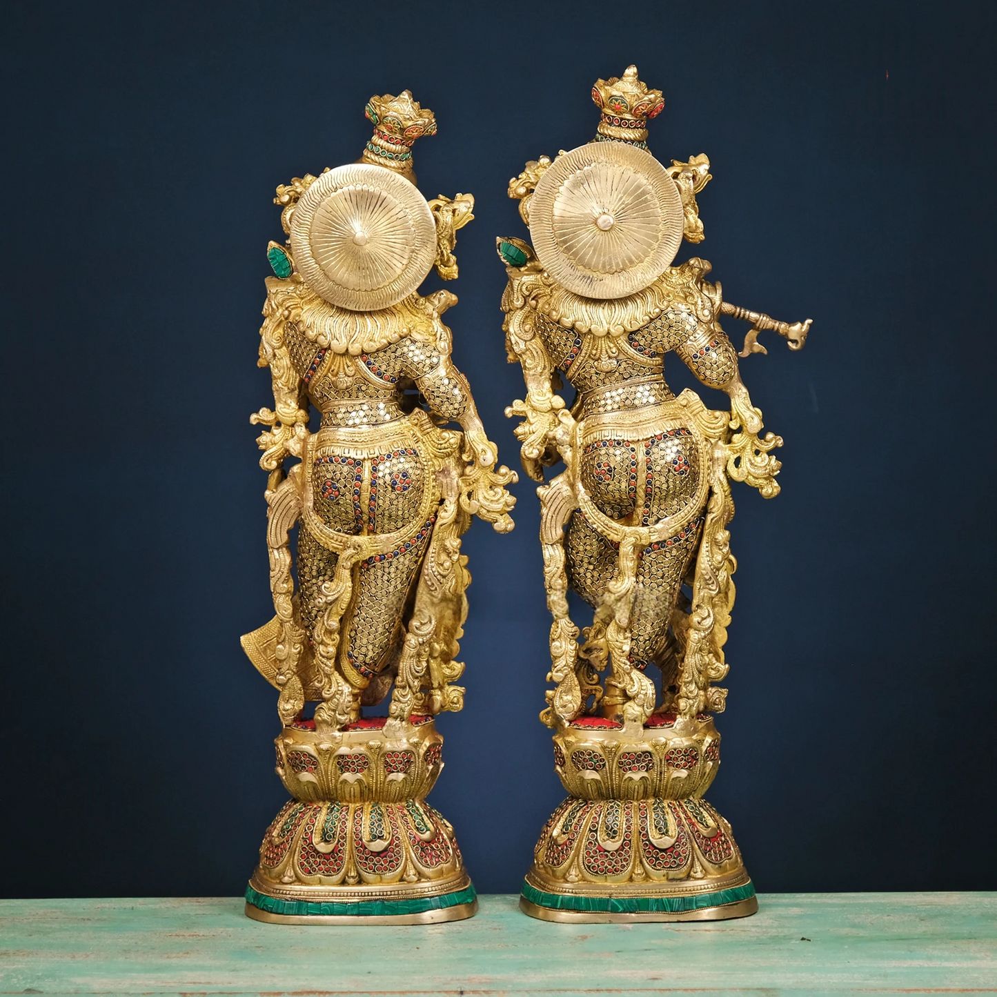 Brassaura® Brass Radha & Krishna Statue with Mosaic Stonework | Height 30 Inches