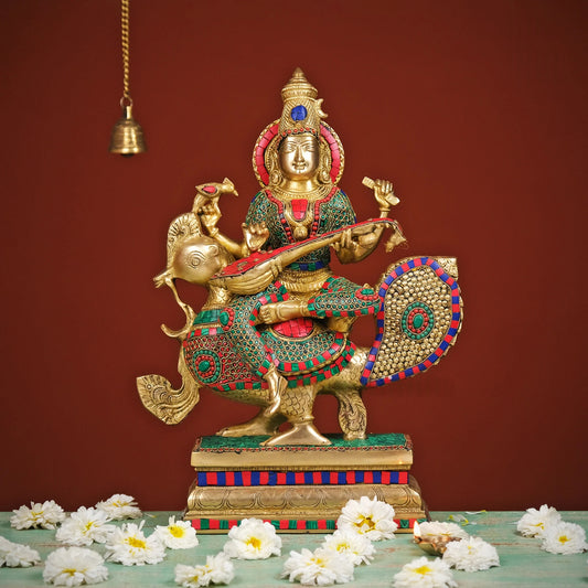 Brassaura® Brass Goddess Saraswati Playing Veena Statue | Height 20 Inches