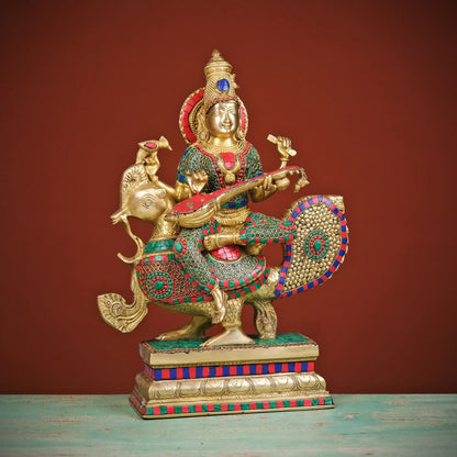 Brassaura® Brass Goddess Saraswati Playing Veena Statue | Height 20 Inches
