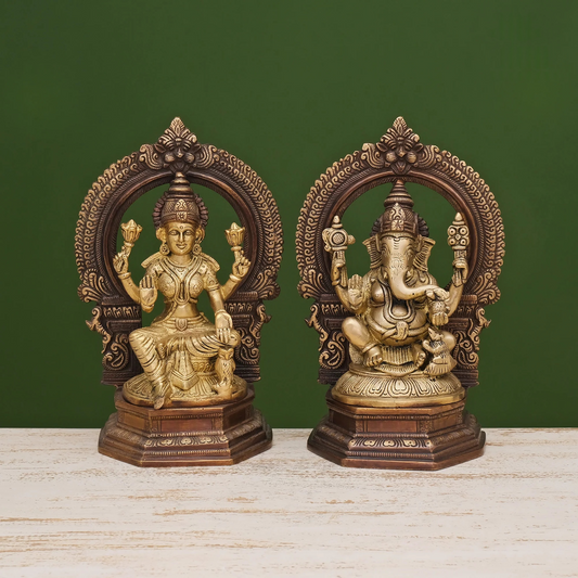 Brassaura® Ganesh Lakshmi Saraswati Brass Statue Set | Pure Brass | Height 10 Inches