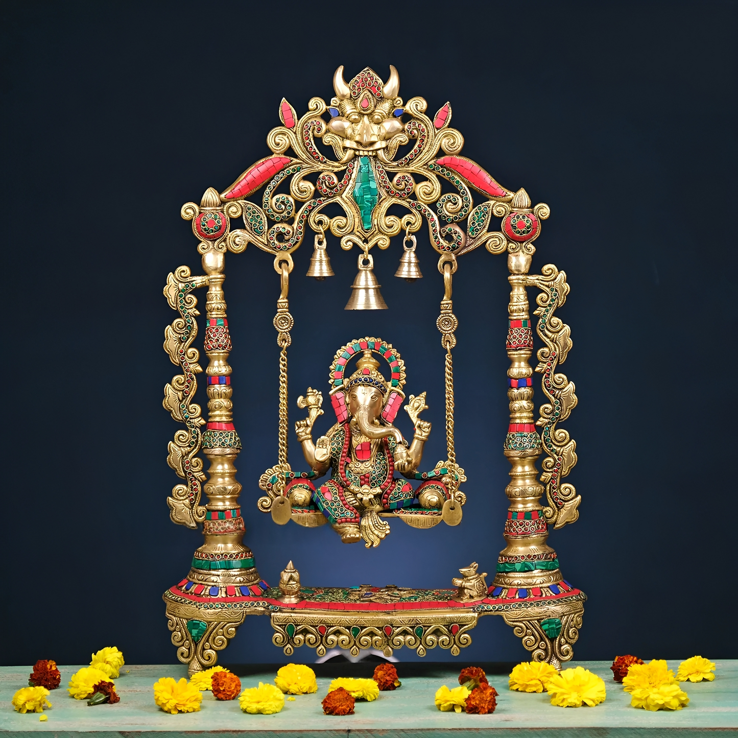 Brassaura® Brass Ganesha Statue on Swing with Stonework | Height 26.5 Inches