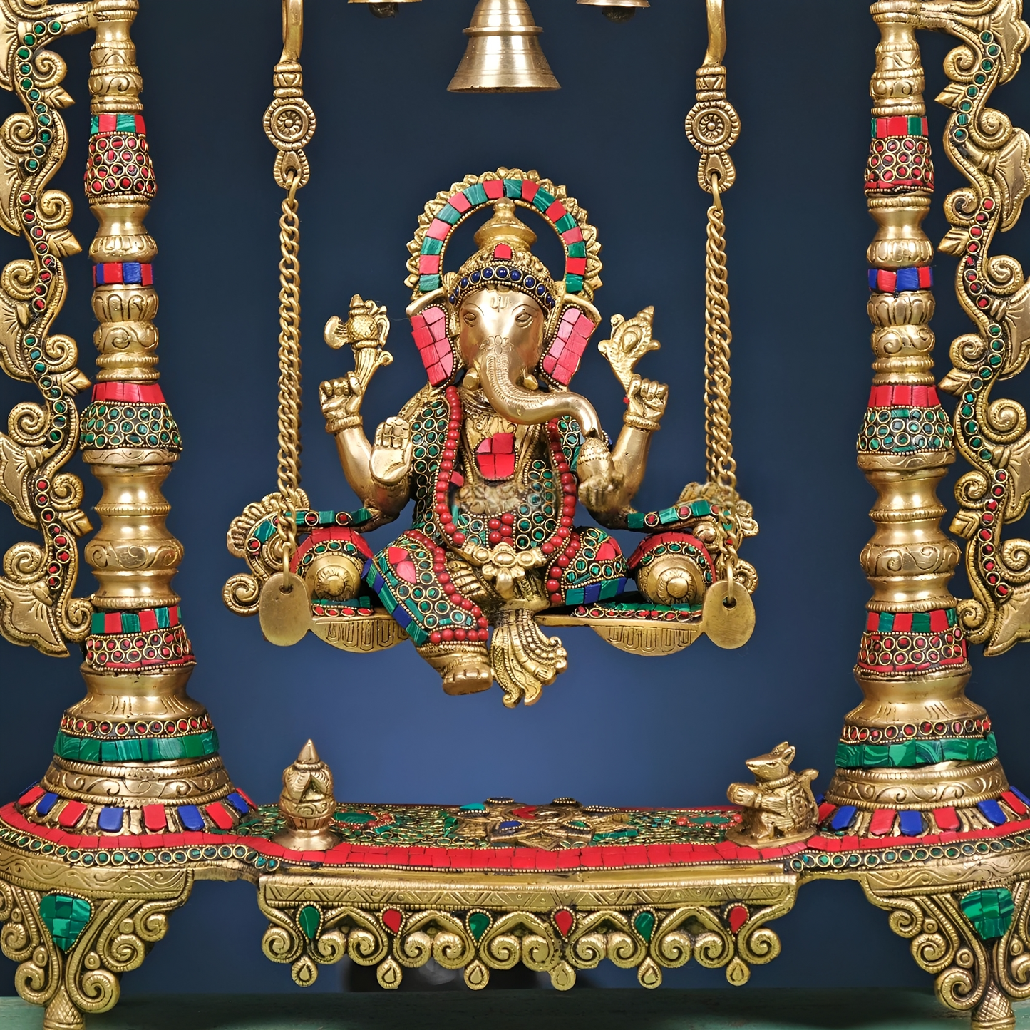Brassaura® Brass Ganesha Statue on Swing with Stonework | Height 26.5 Inches