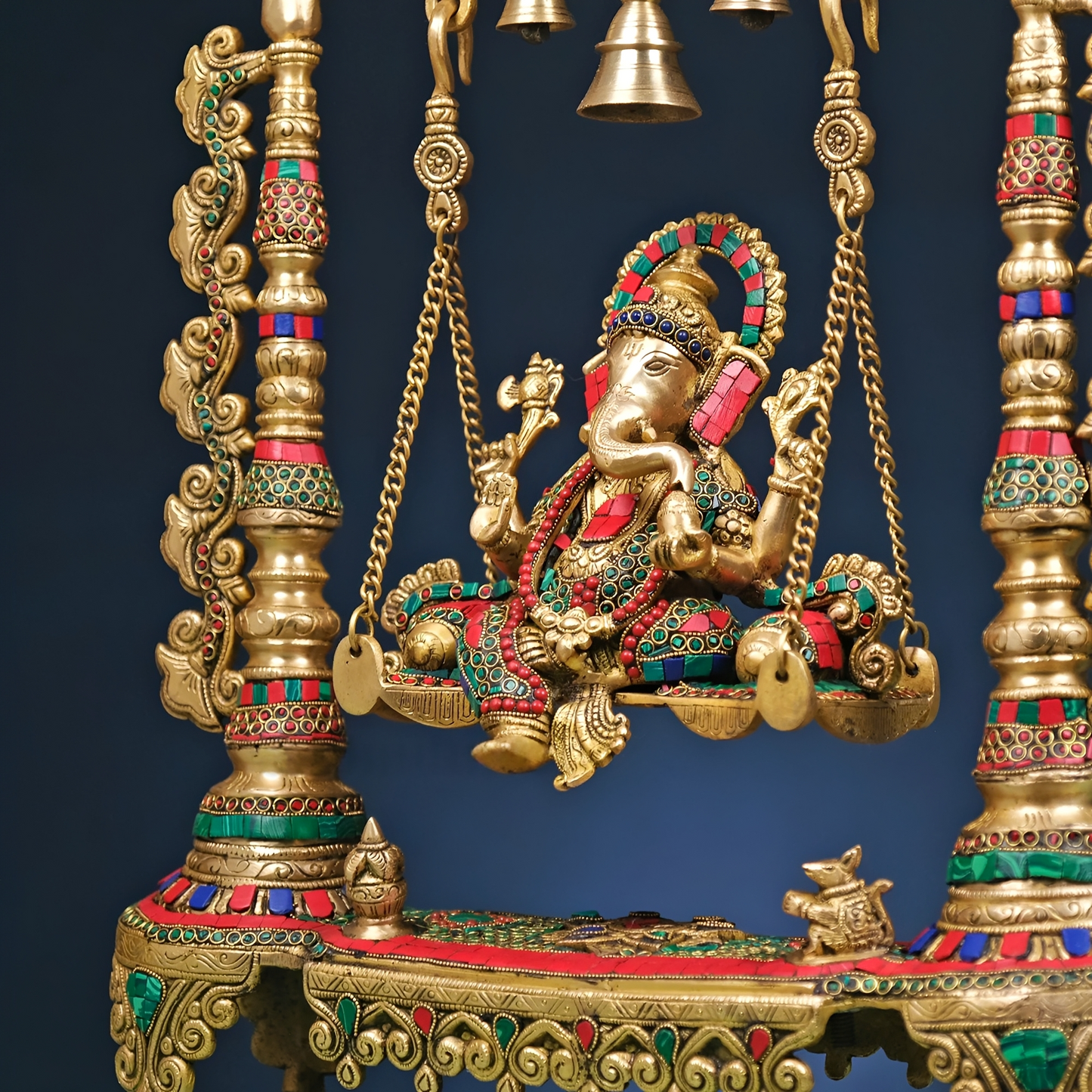Brassaura® Brass Ganesha Statue on Swing with Stonework | Height 26.5 Inches