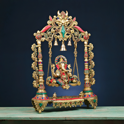 Brassaura® Brass Ganesha Statue on Swing with Stonework | Height 26.5 Inches