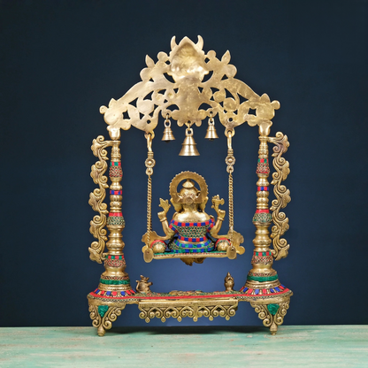 Brassaura® Brass Ganesha Statue on Swing with Stonework | Height 26.5 Inches