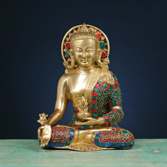Brassaura® Buddha Statue in Bhumisparsh Mudra with Stonework | Pure Brass | Height 10 Inches