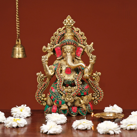 Brassaura® Brass Ganesha on Lotus with Stonework | Height 10.5 Inches