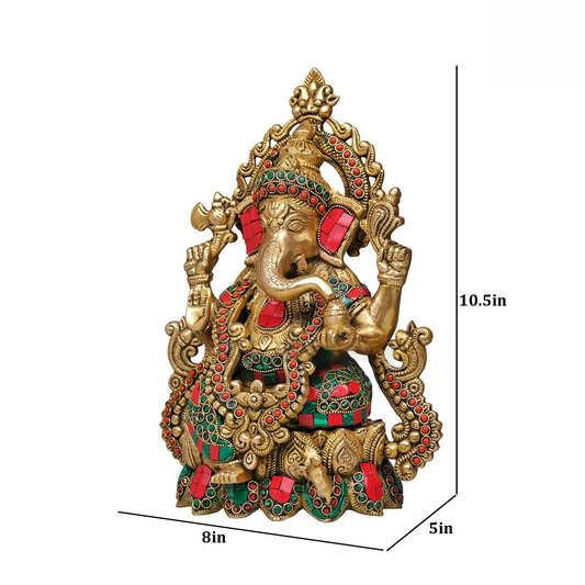 Brassaura® Brass Ganesha on Lotus with Stonework | Height 10.5 Inches