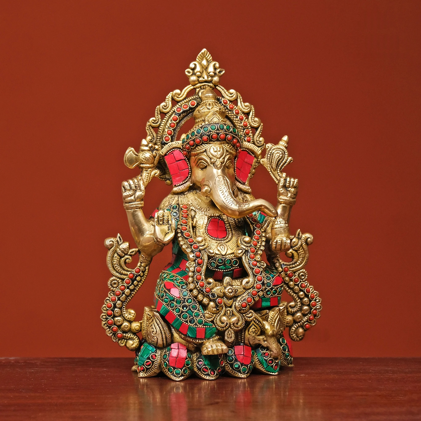 Brassaura® Brass Ganesha on Lotus with Stonework | Height 10.5 Inches