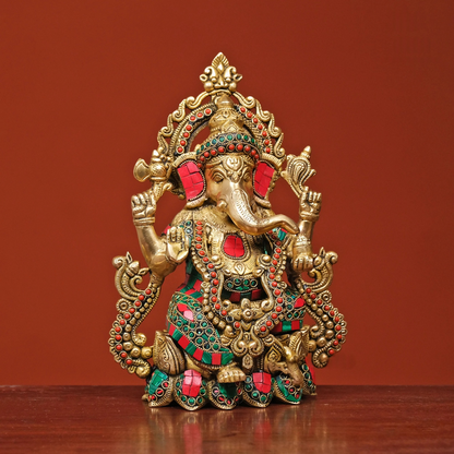 Brassaura® Brass Ganesha on Lotus with Stonework | Height 10.5 Inches