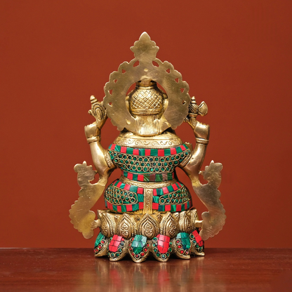 Brassaura® Brass Ganesha on Lotus with Stonework | Height 10.5 Inches
