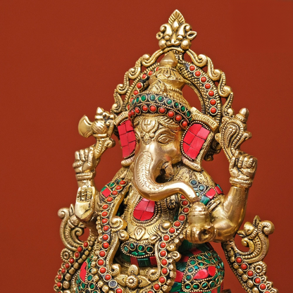Brassaura® Brass Ganesha on Lotus with Stonework | Height 10.5 Inches
