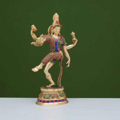 ब्रासोरा® वृंदावन वेणुगोपाल कृष्ण पीतल की प्रतिमा मोर के साथ | एंटीक नीला और सुनहरा रंग | ऊँचाई 20 इंच