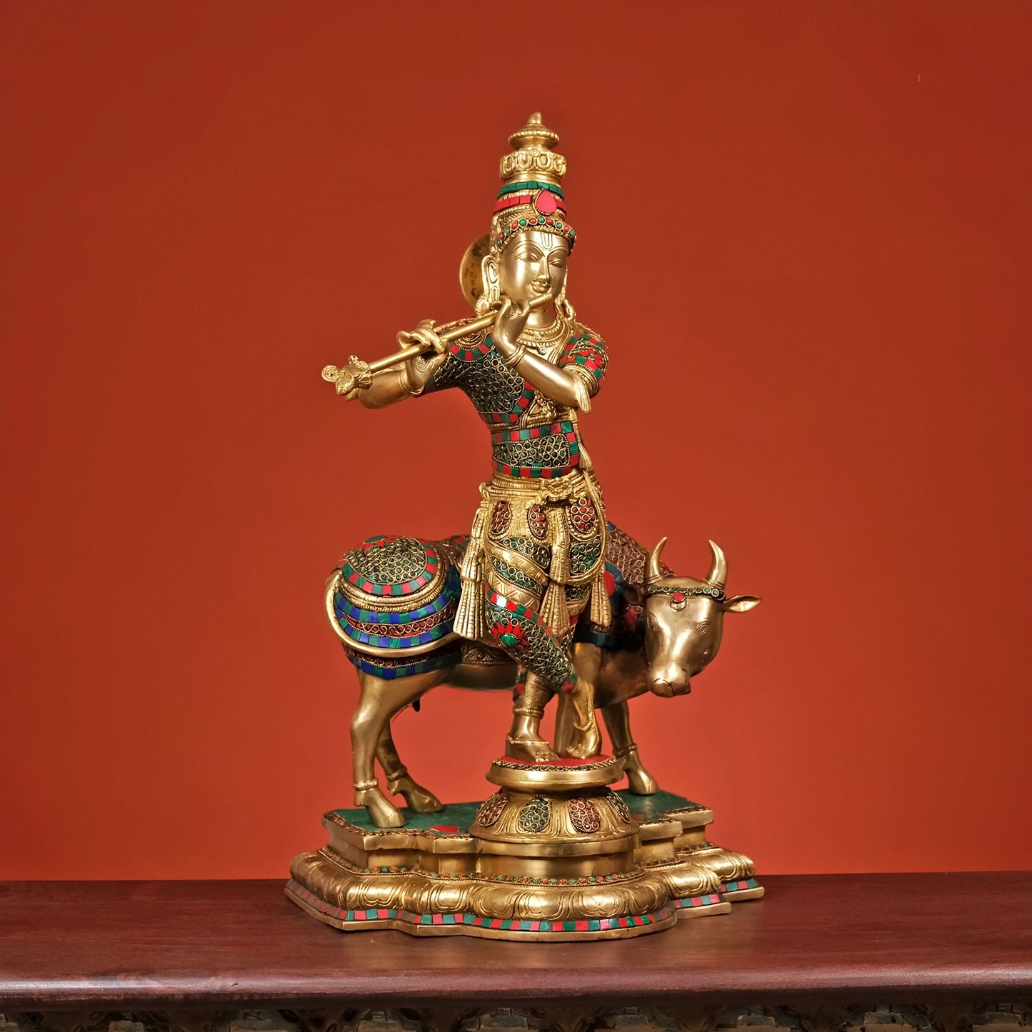 Brassaura® Brass Krishna Playing Flute with Cow Statue | Height 26 Inches
