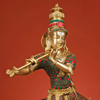 Brassaura® Brass Krishna Playing Flute with Cow Statue | Height 26 Inches