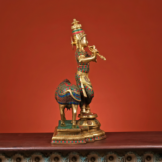 Brassaura® Brass Krishna Playing Flute with Cow Statue | Height 26 Inches