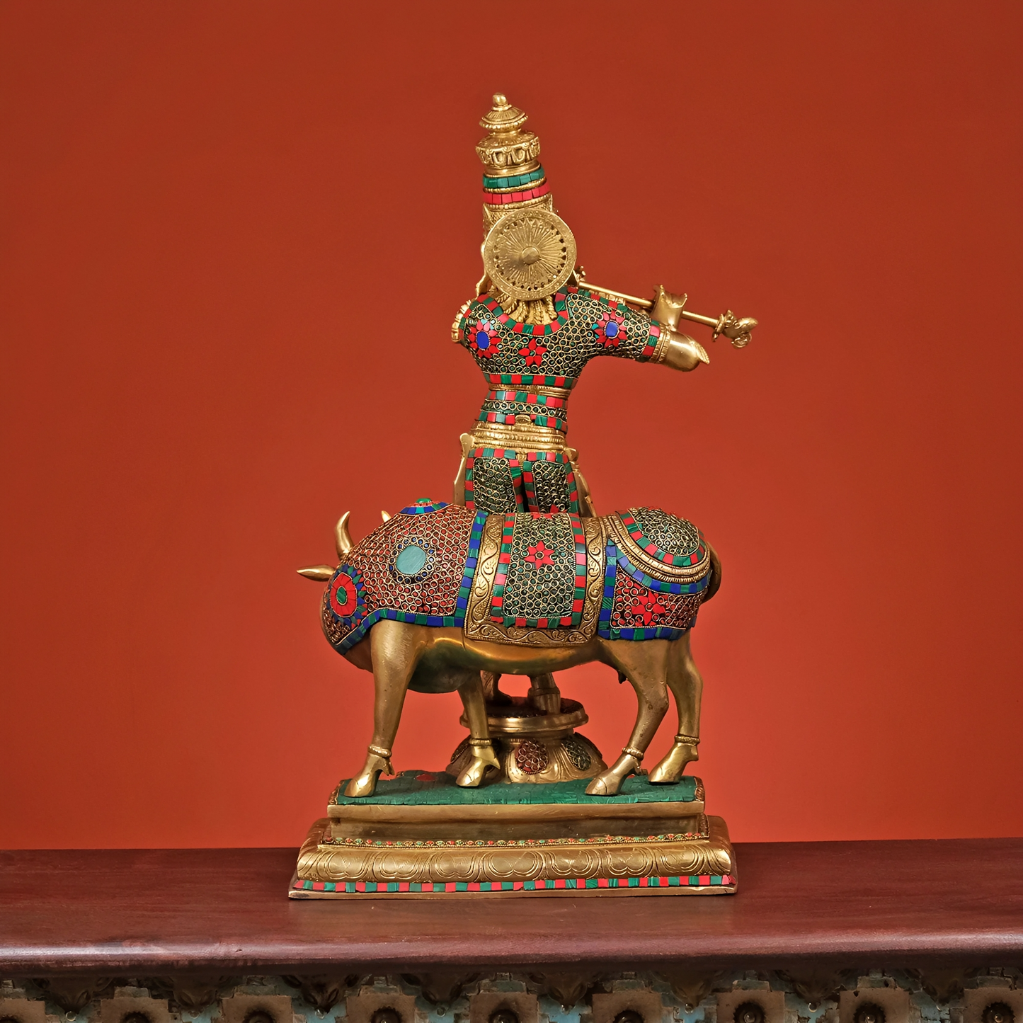 Brassaura® Brass Krishna Playing Flute with Cow Statue | Height 26 Inches