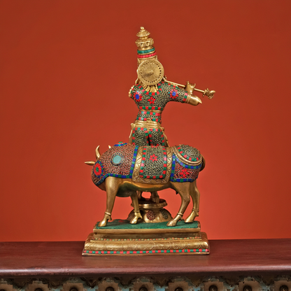 Brassaura® Brass Krishna Playing Flute with Cow Statue | Height 26 Inches