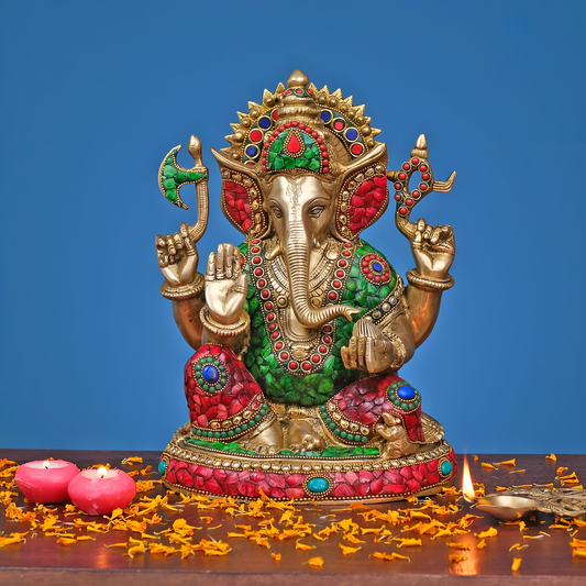 Brassaura® Brass Ganesha Statue with Stonework | Height 12 Inches