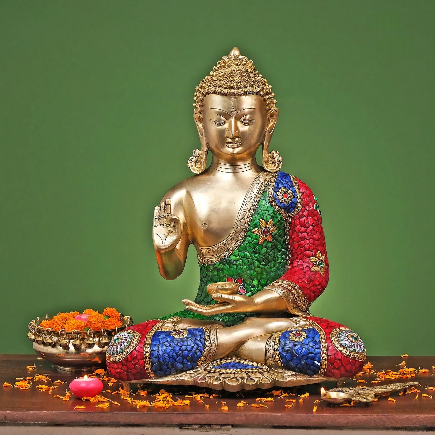 Brassaura® Brass Lord Buddha Statue with Stonework | Height 20 Inches