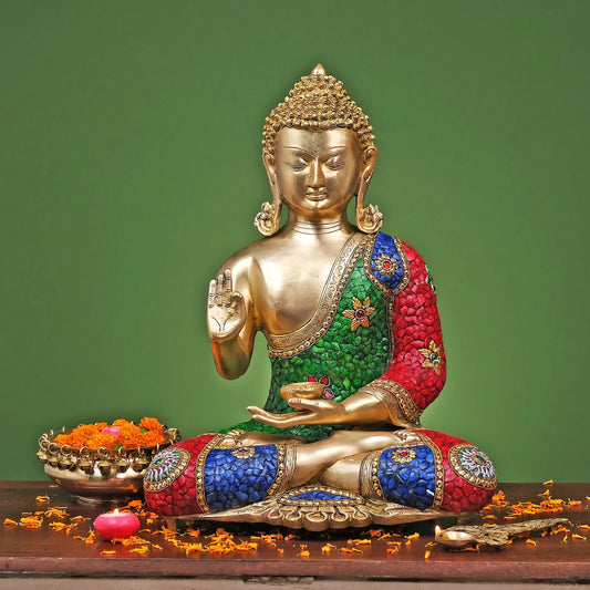 Brassaura® Brass Lord Buddha Statue with Stonework | Height 20 Inches