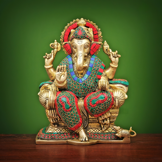 Brassaura® Brass Ganesha Statue on Sinhasan with Stonework | Height 9 Inches