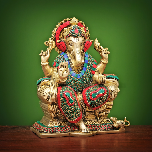 Brassaura® Brass Ganesha Statue on Sinhasan with Stonework | Height 9 Inches