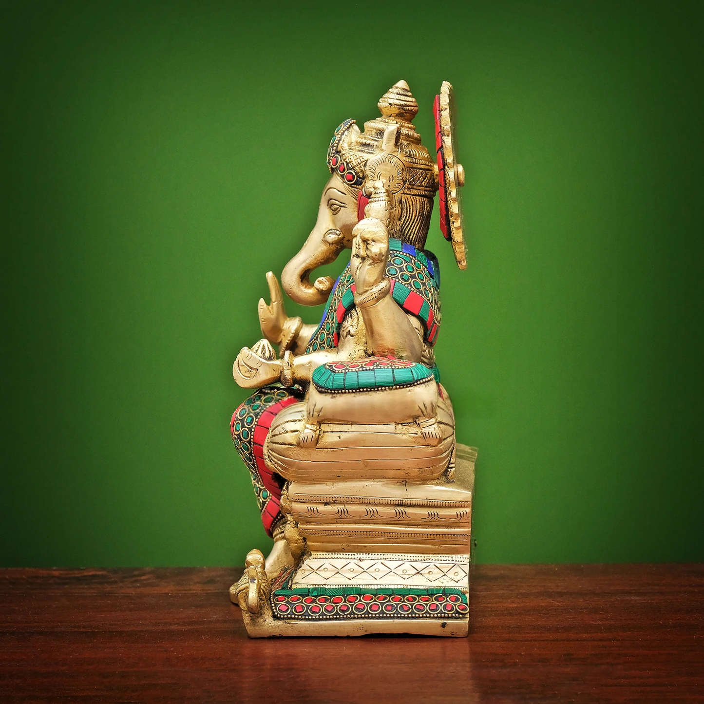 Brassaura® Brass Ganesha Statue on Sinhasan with Stonework | Height 9 Inches