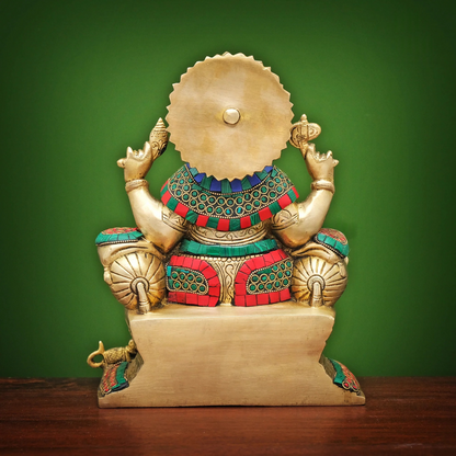 Brassaura® Brass Ganesha Statue on Sinhasan with Stonework | Height 9 Inches