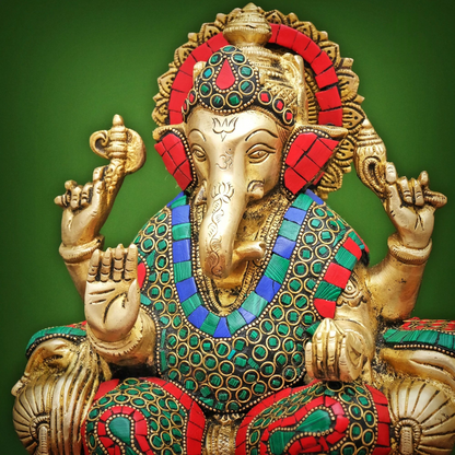 Brassaura® Brass Ganesha Statue on Sinhasan with Stonework | Height 9 Inches