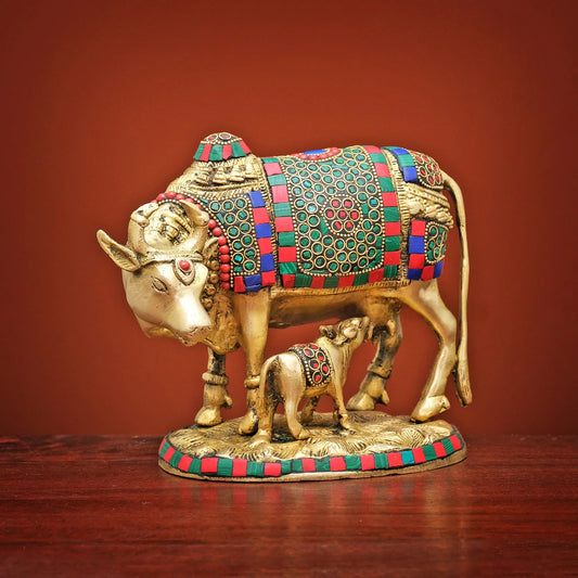 Brassaura® Brass Cow and Calf Figurine Kamdhenu | Height 6.5 Inches